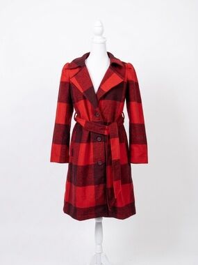 G by Giuliana Red and Dark Red Plaid Belted Pea Coat